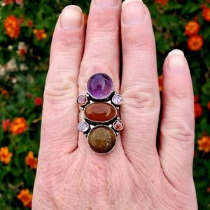 New Amethyst, Carnelian, Tiger Eye 925 Silver Ring.